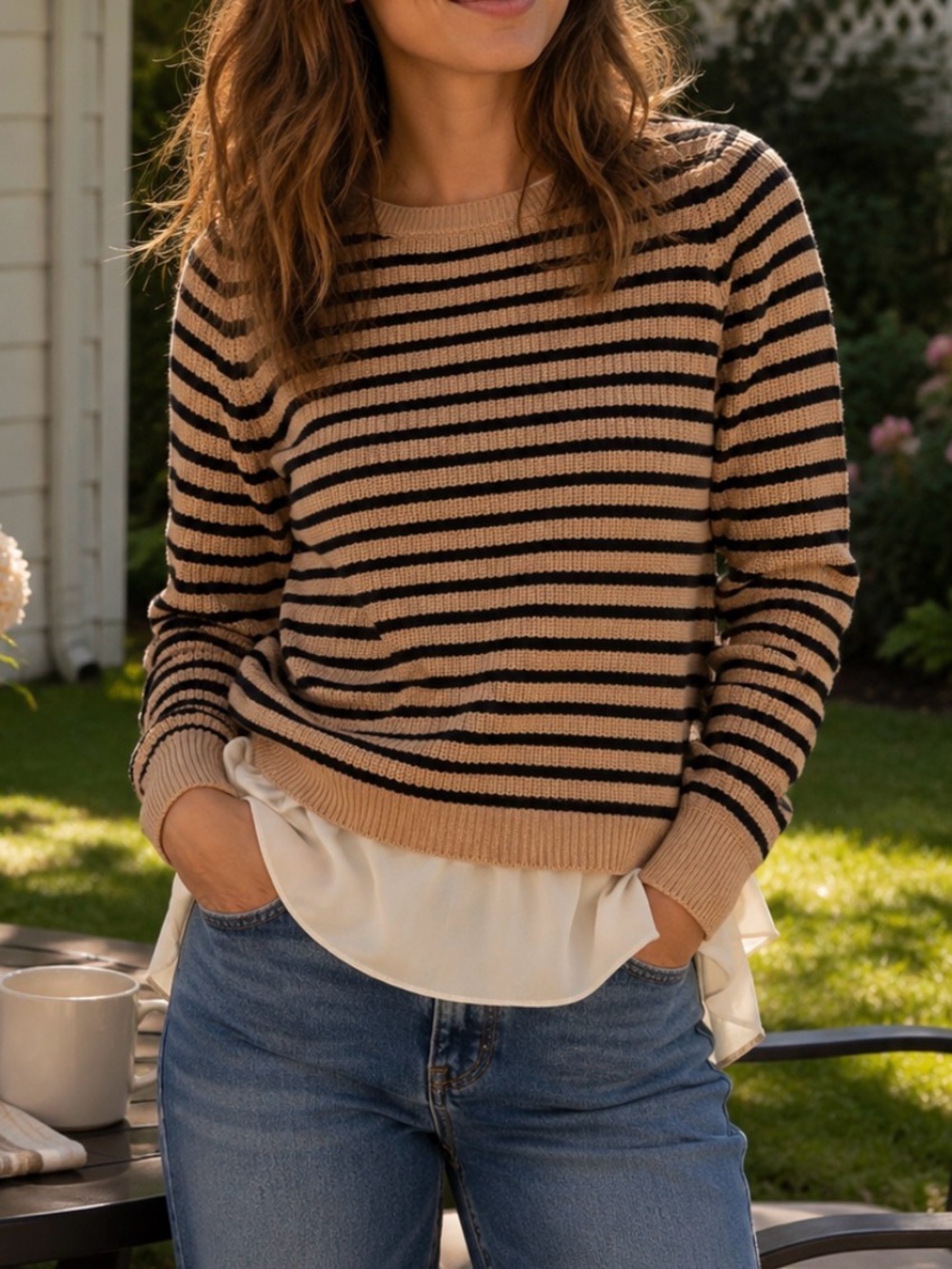 LOFT Tan and Black Striped Crewneck Sweater Preppy and Classic M